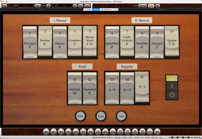 Hauptwerk register screen for the Sauer organ